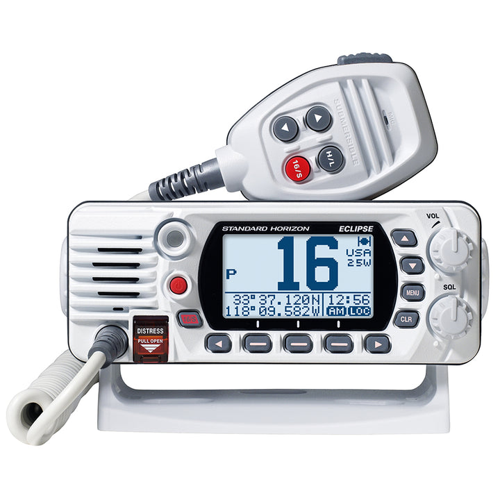 White Standard Horizon GX1400 fixed mount VHF radio with digital display and control buttons, designed for marine communication.