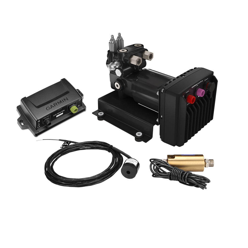 Garmin Reactor 40 hydraulic autopilot with SmartPump v2, marine autopilot system with control unit and hydraulic components.