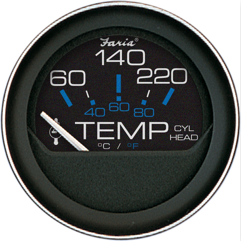 Faria Coral 2-inch Cylinder Head Temperature Gauge with sender, displaying temperature range 60-120°F for marine or automotive use.