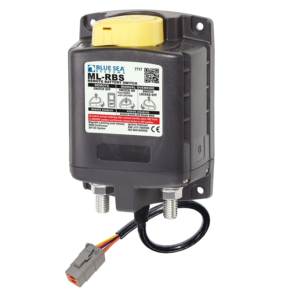 Blue Sea Systems 7717100 ML-RBS remote battery switch with manual control and Deutsch connector for 24V marine battery management.