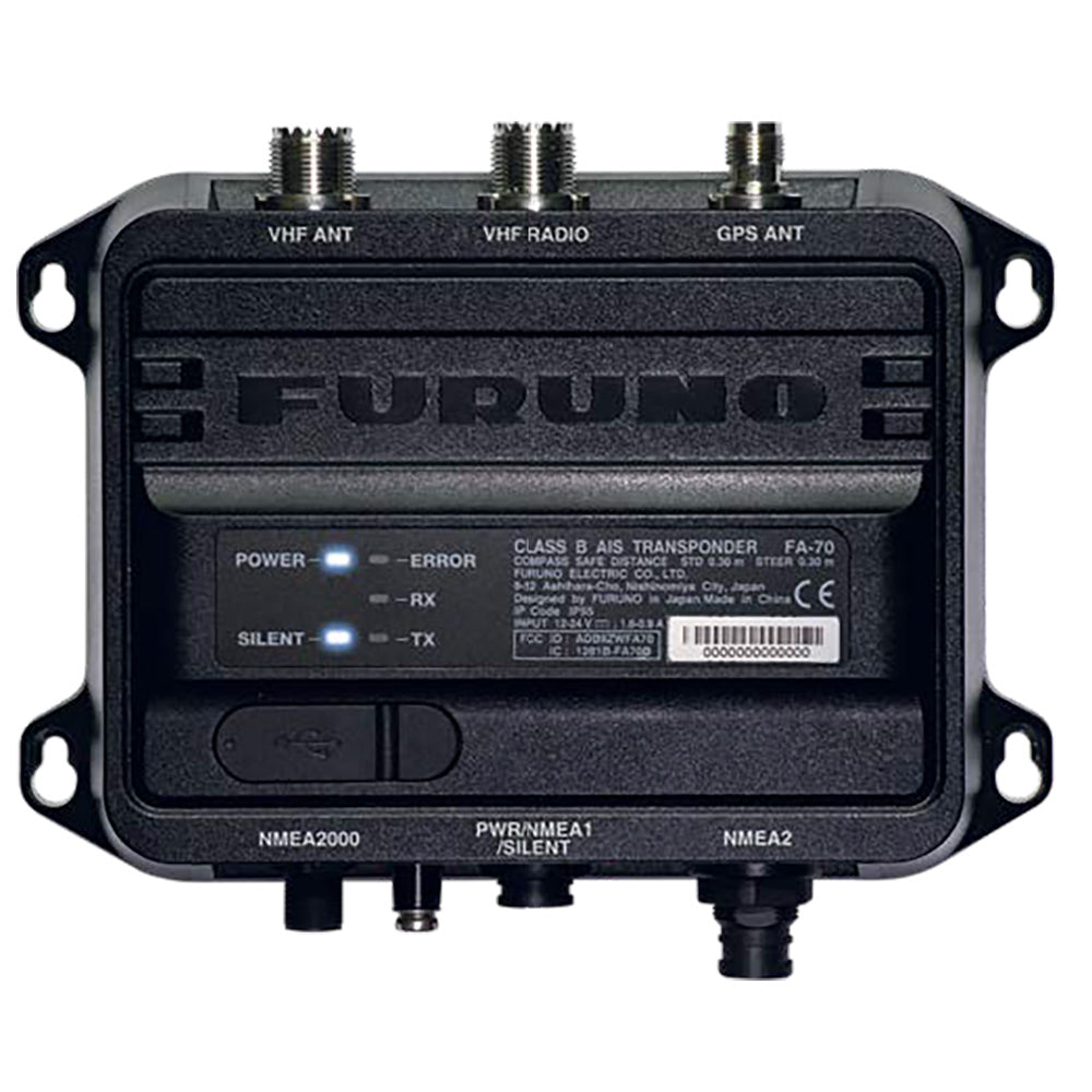 Furuno FA70 AIS transceiver mounted on a vessel showing its display and control panel for marine navigation systems.
