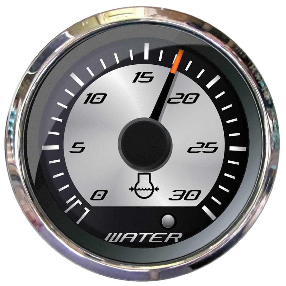 Faria Platinum 2-inch water pressure gauge showing 30 PSI with a black dial and clear pressure markings.