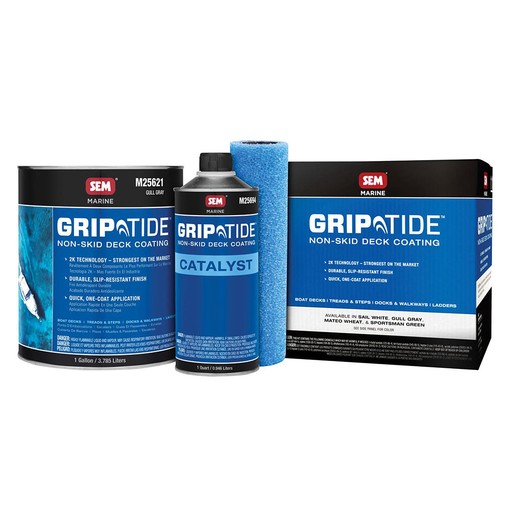 SEM GripTide non-skid deck coating kit in gull gray, featuring textured non-slip paint for boat or marine surfaces.
