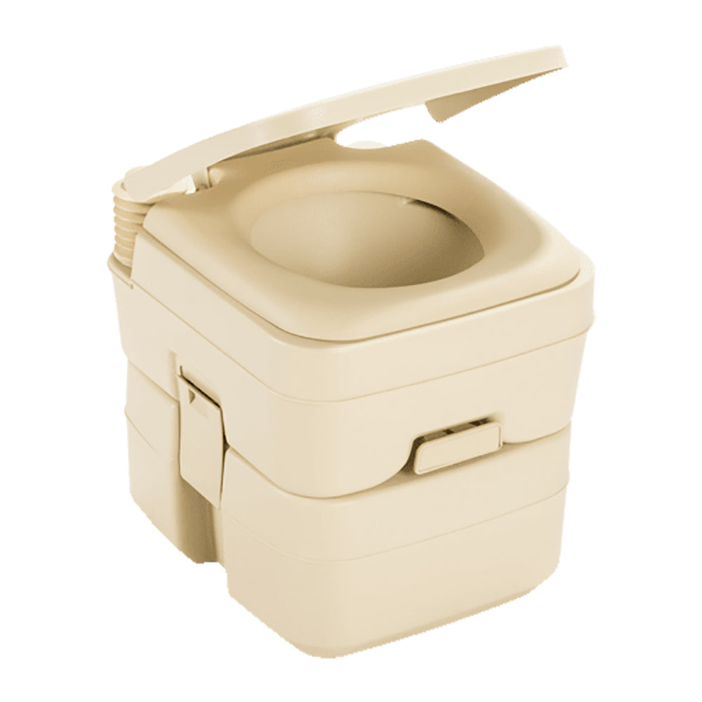 Dometic 966 portable toilet with 5-gallon capacity in parchment color, compact design for camping and travel use.