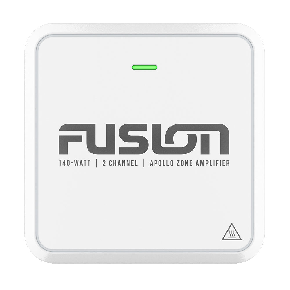 Fusion Apollo Marine Zone Amplifier 140W, marine audio amplifier with controls and wiring in a close-up view.