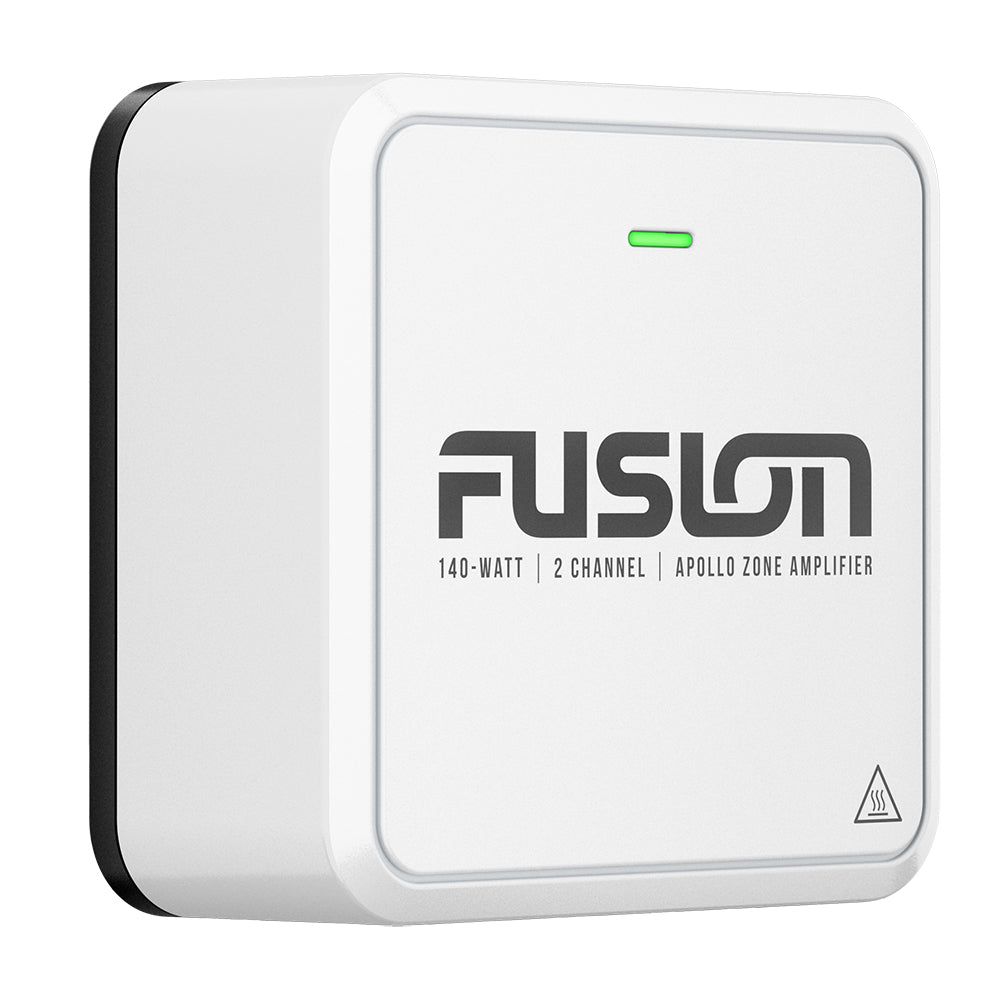 Fusion Apollo Marine Zone Amplifier 140W, compact marine audio amplifier with control knobs and wiring ports, mounted in boat interior.