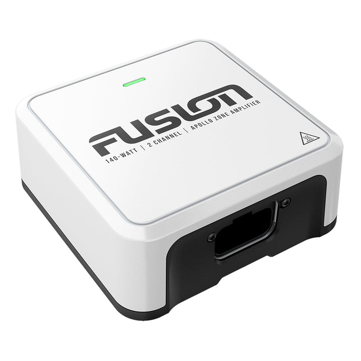 Fusion Apollo Marine Zone Amplifier 140W, compact marine audio amplifier with controls and connection ports, in black.
