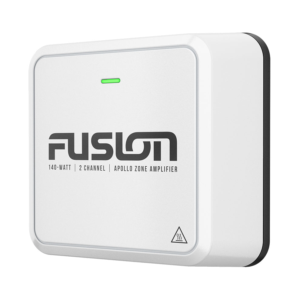Fusion Apollo Marine Zone Amplifier 140W, compact marine amplifier with controls and wiring ports, designed for boat audio systems.