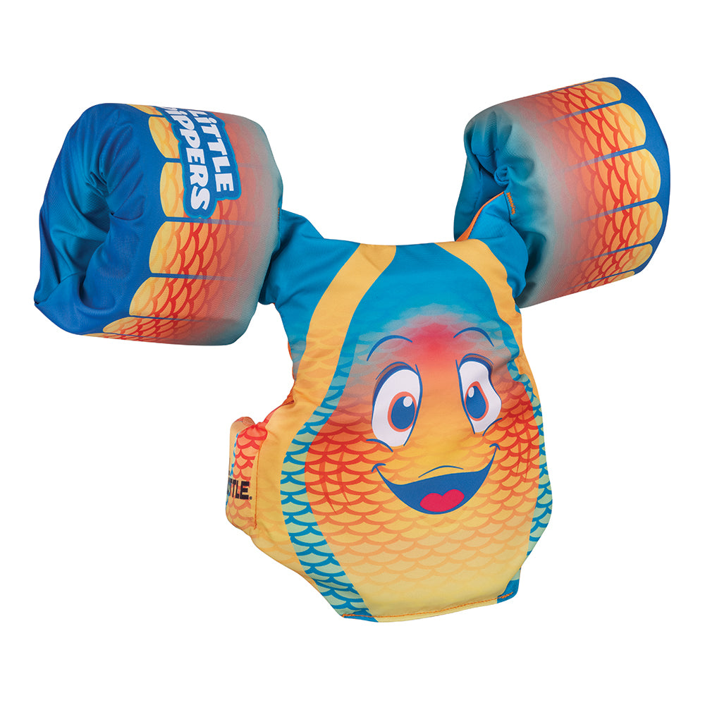 Full Throttle Little Dippers Fish Life Jacket for kids, bright orange vest with fish pattern, adjustable straps, and secure buckles.