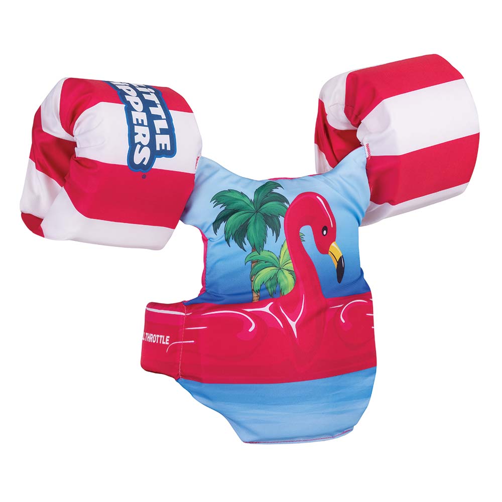 Full Throttle Little Dippers Flamingo life jacket for kids, bright pink vest with adjustable straps and safety features.