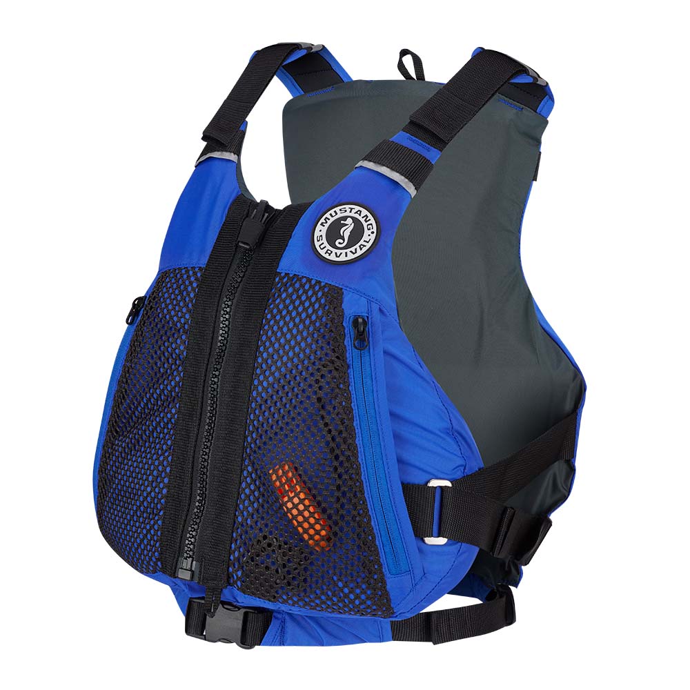 Mustang Survival blue Trident foam vest for small/medium personal flotation device, showing front view with adjustable straps.