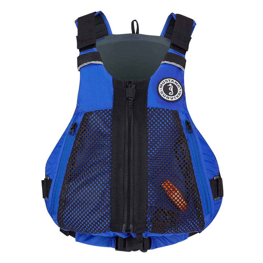 Mustang Survival Trident foam vest in blue, large/XL size, a personal flotation device with adjustable straps and foam padding.