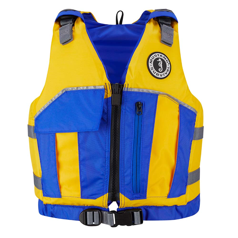 Mustang Youth Reflex Foam Vest in yellow and royal blue, a personal flotation device with reflective accents for safety.