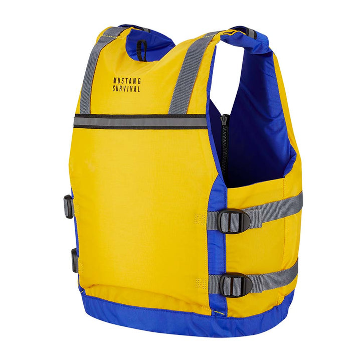 Mustang Youth Reflex Foam Vest in yellow and royal blue, a personal flotation device designed for safety and visibility.
