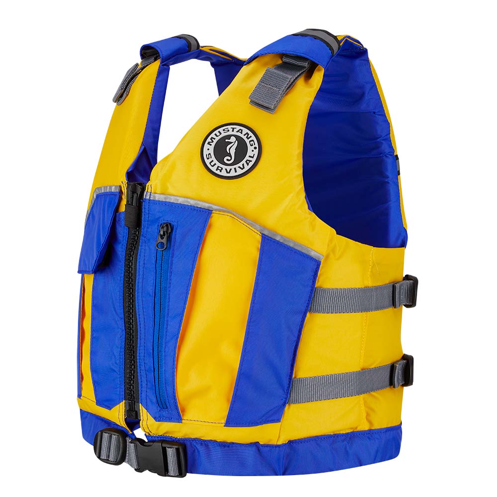 Mustang Youth Reflex Foam Vest in yellow and royal blue, a personal flotation device designed for safety and visibility.