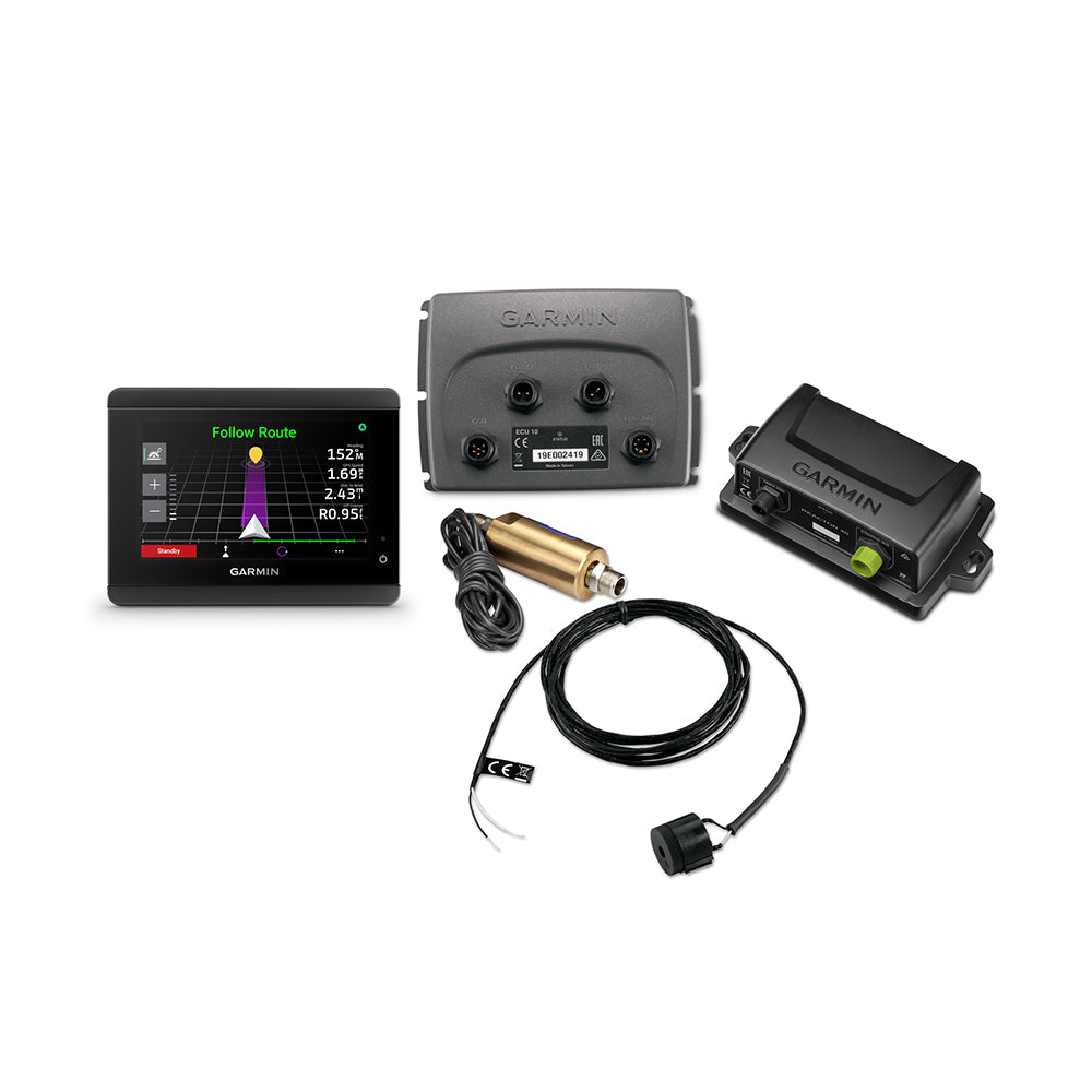 Garmin Reactor 40 hydraulic autopilot system with GHC 50 autopilot instrument, displayed with control components and wiring.
