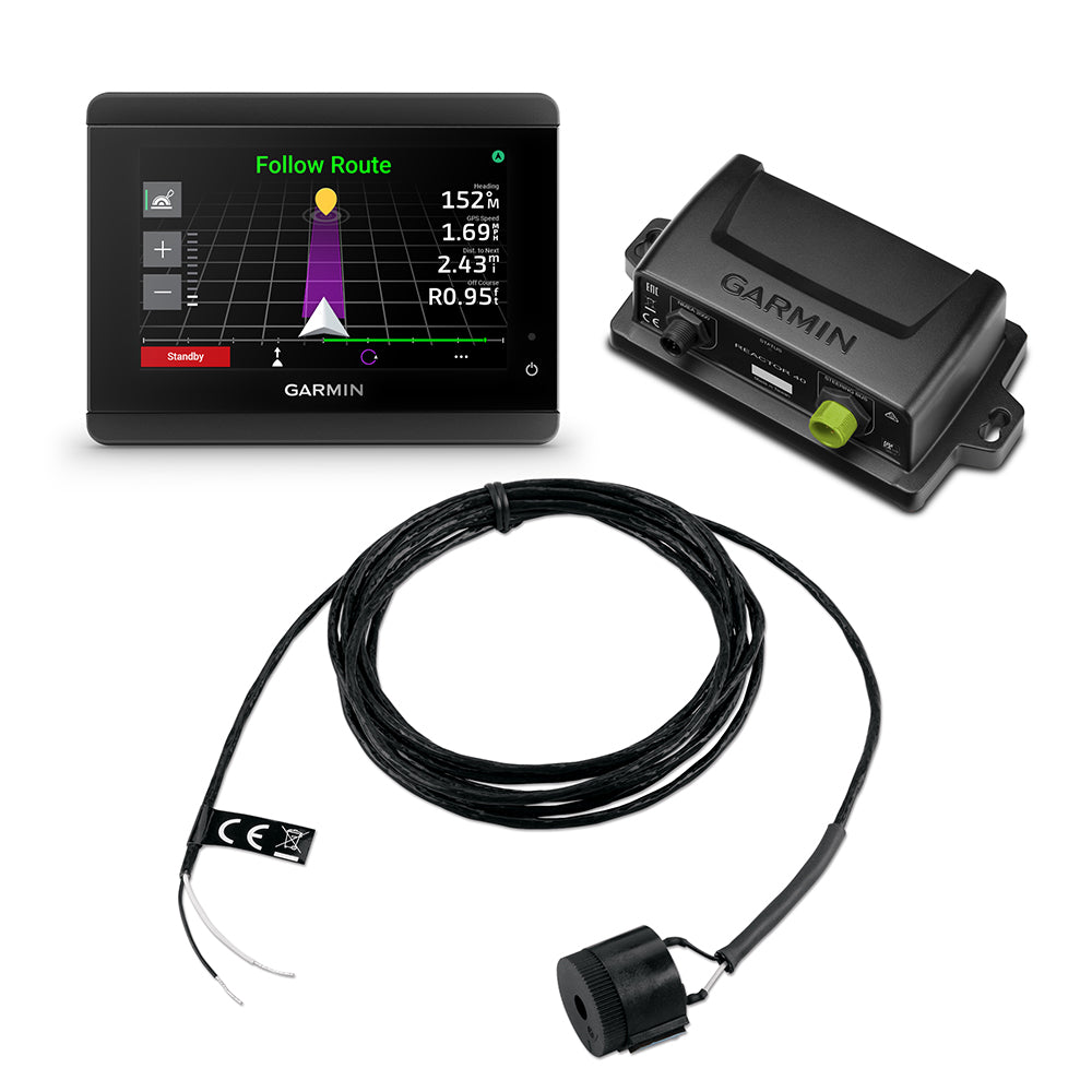 Garmin Reactor 40 steer-by-wire autopilot corepack with GHC 50 autopilot instrument, marine navigation system, and control interface