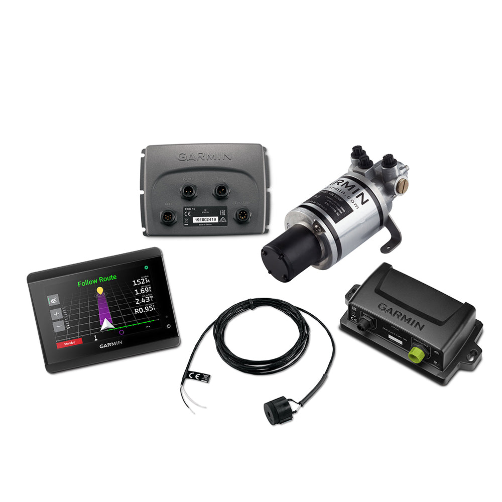 Garmin Compact Reactor 40 hydraulic autopilot with GHC 50 instrument pack, showcasing the autopilot controller and marine navigation system.
