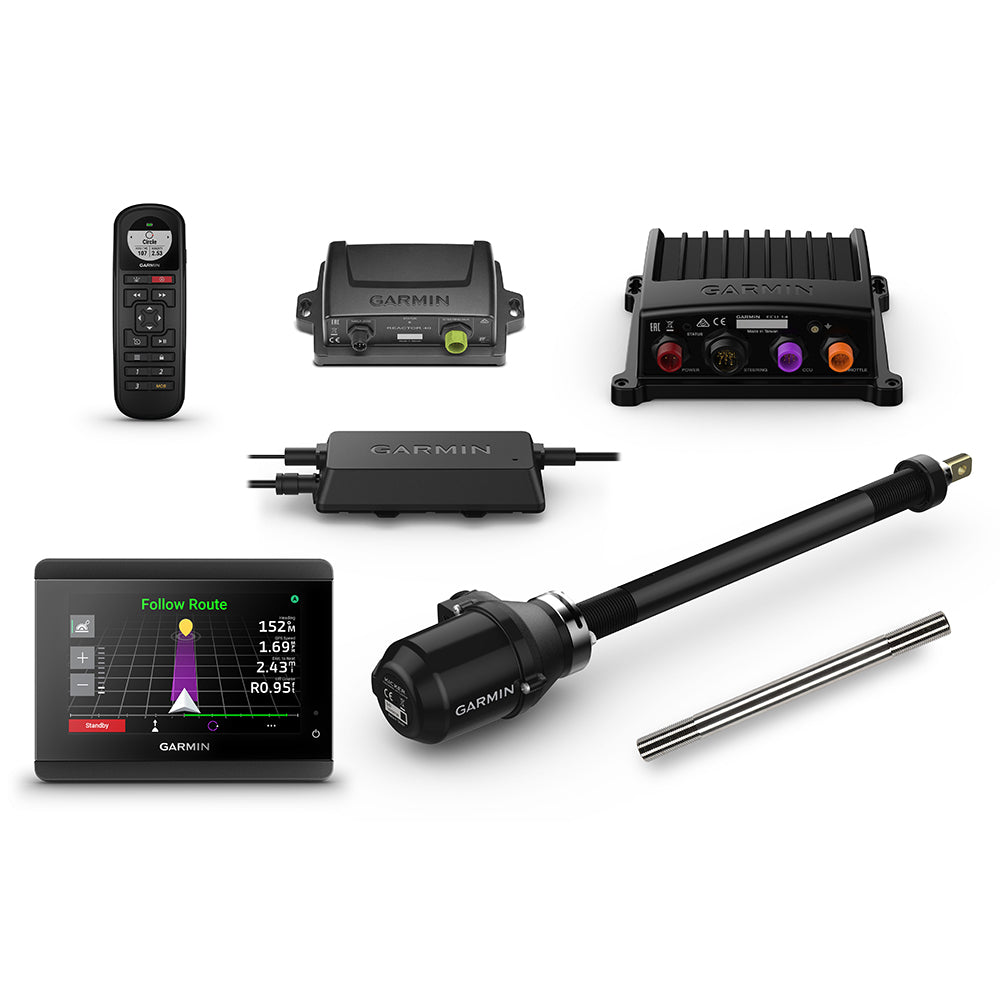 Garmin Reactor 40 Kicker Autopilot with GHC 50 control and stainless steel tilt tube for marine navigation and boat autopilot systems.