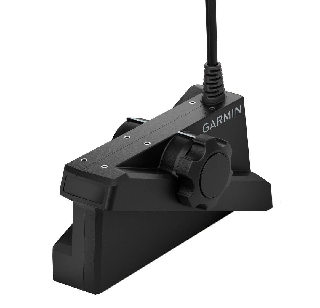 Garmin LiveScope XR LVS62 transducer for sonar imaging, shown in a close-up image with model details visible.