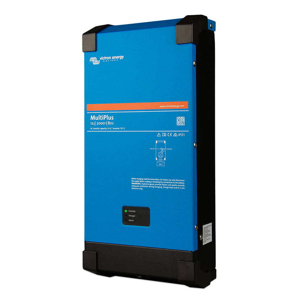 Victron Energy MultiPlus 12/2000 80-50 120V VE.Bus charger inverter combo, showing front view with control panel and branding.