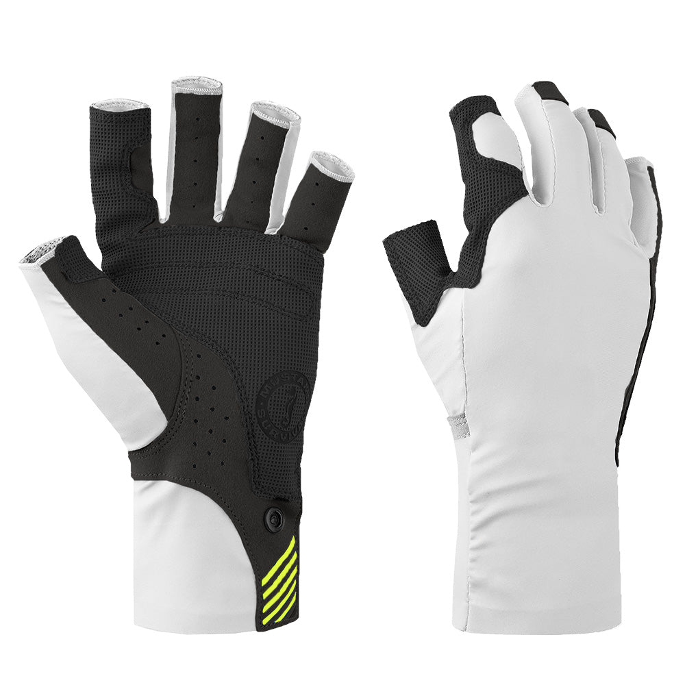 Mustang Survival traction UV open finger gloves in white and black, large size, designed for outdoor or water activities.