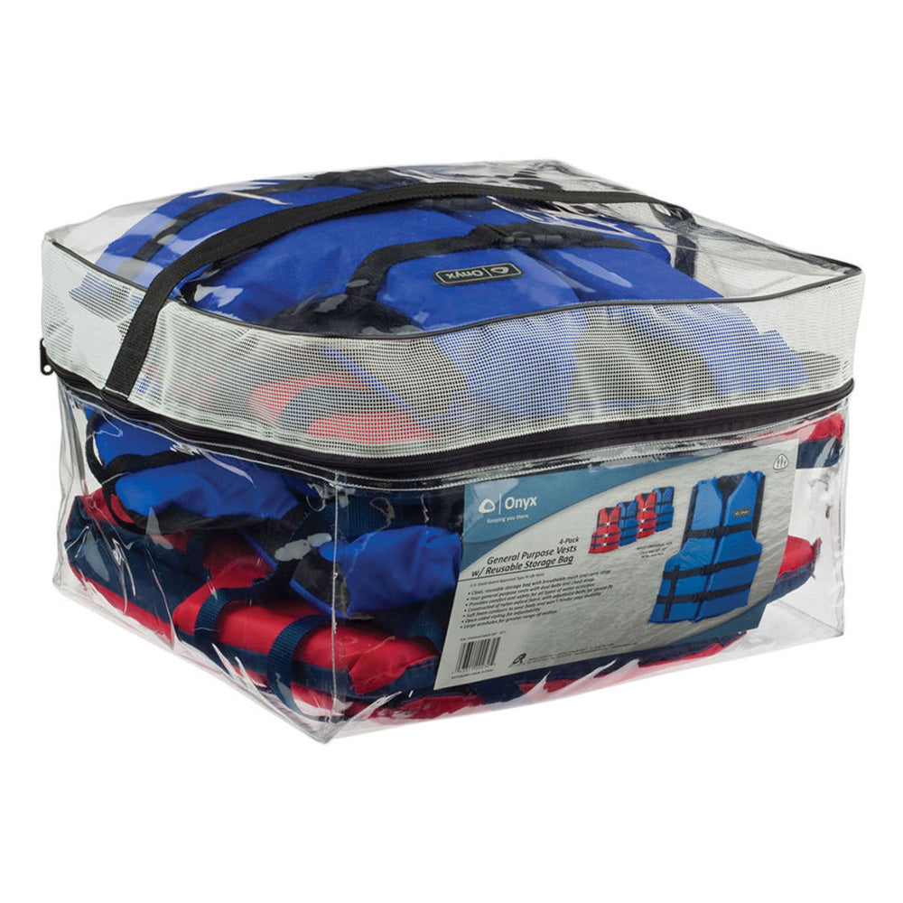 Set of four Onyx Outdoor adult personal flotation devices, including two red and two blue general purpose life vests.