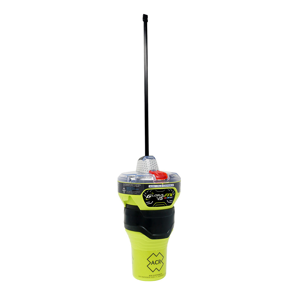 ACR GlobalFix V5 Cat 1 GPS AIS EPIRB with Return Link Service and mobile app, showcasing the compact, emergency distress beacon.