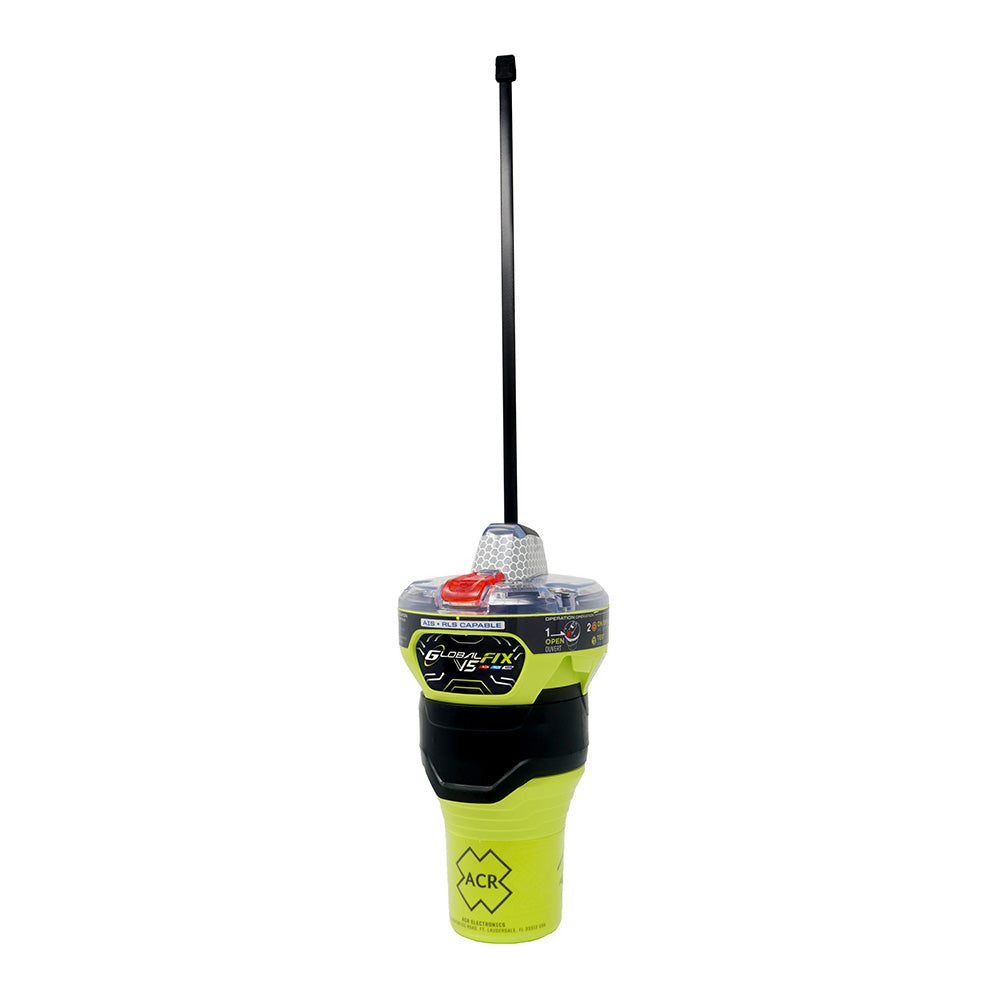 ACR Electronics GlobalFix V5 Cat 2 GPS AIS EPIRB with Return Link Service and mobile app for emergency distress signaling.