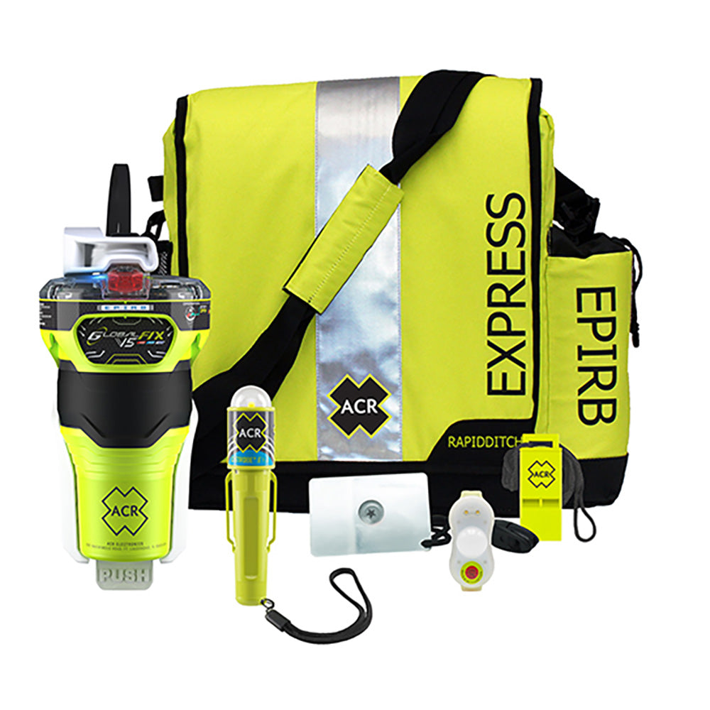 ACR GlobalFix V5 EPIRB survival kit with rescue equipment, compact and durable for maritime safety and emergency signaling.