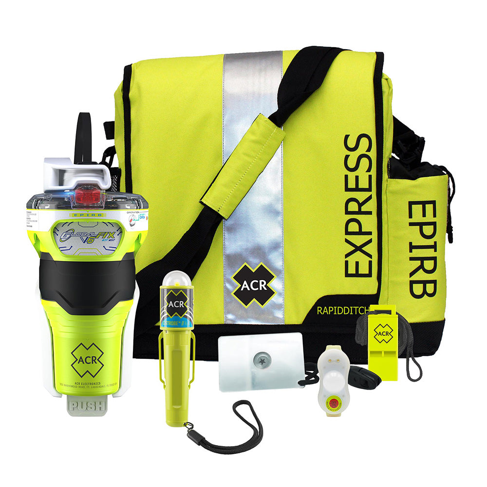 ACR GlobalFix V6 EPIRB survival kit with emergency radio and safety gear, designed for maritime distress and survival situations.