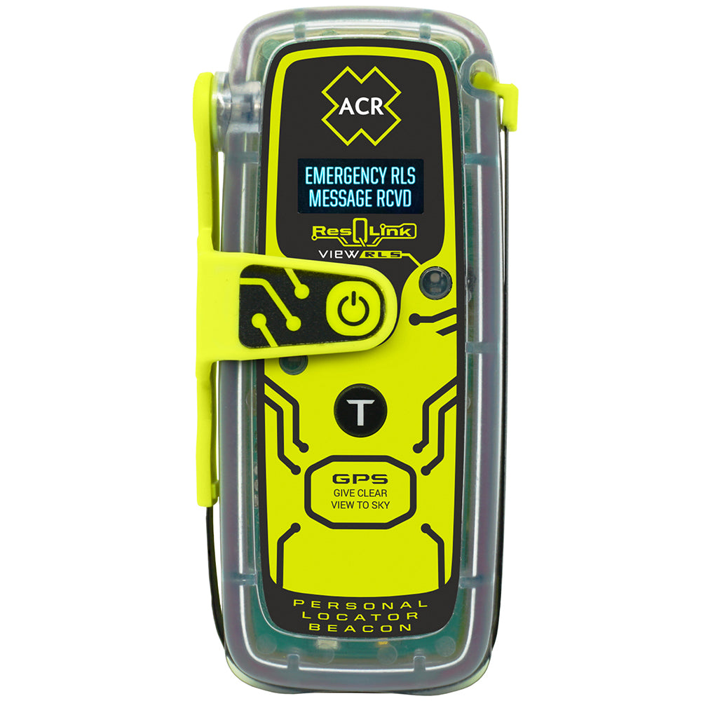 ACR ResQLink 435 View RLS EPIRB, portable marine emergency beacon with GPS and distress signaling features.