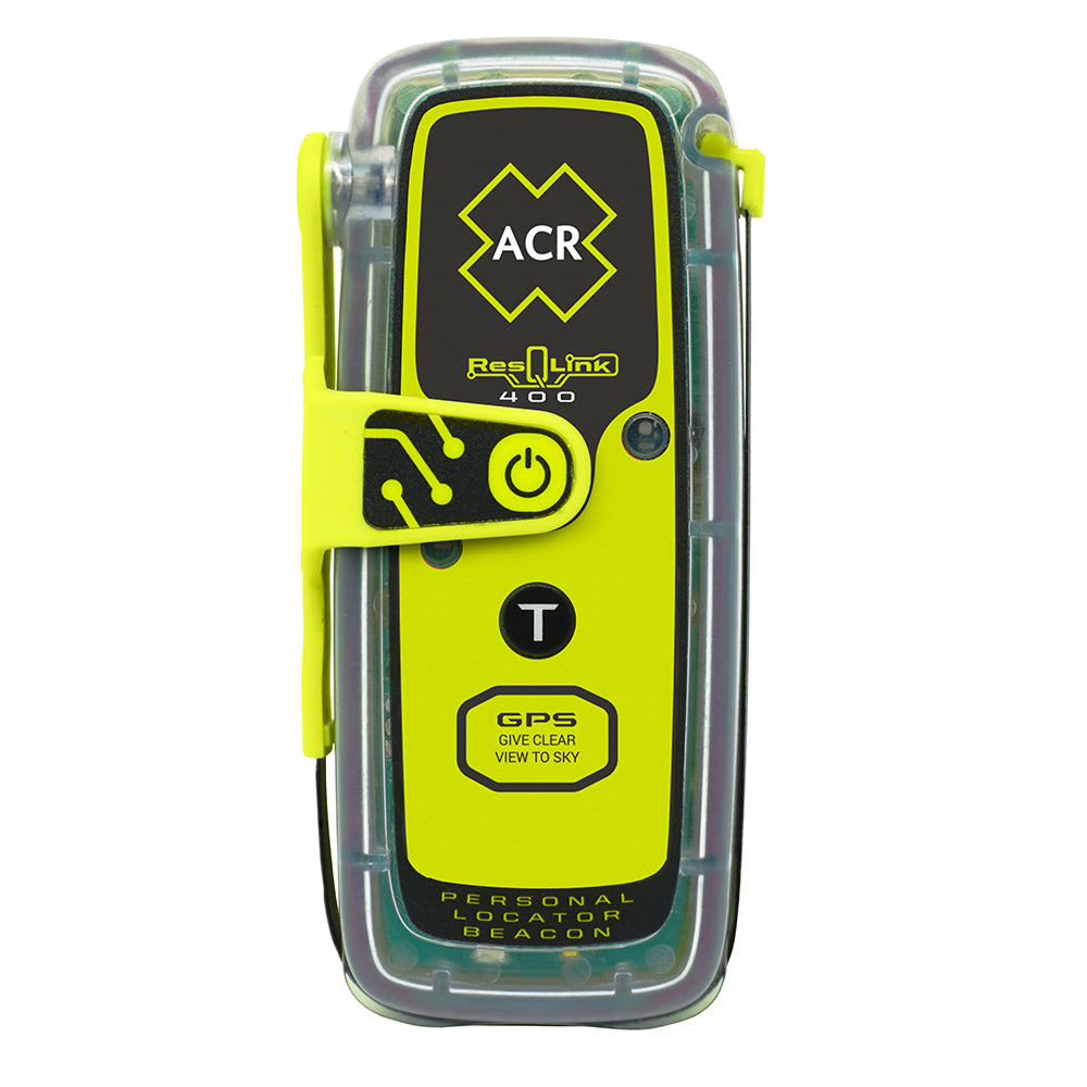 ACR ResQLink 400 personal locator beacon from ACR Electronics, showing compact device with antenna and control buttons.
