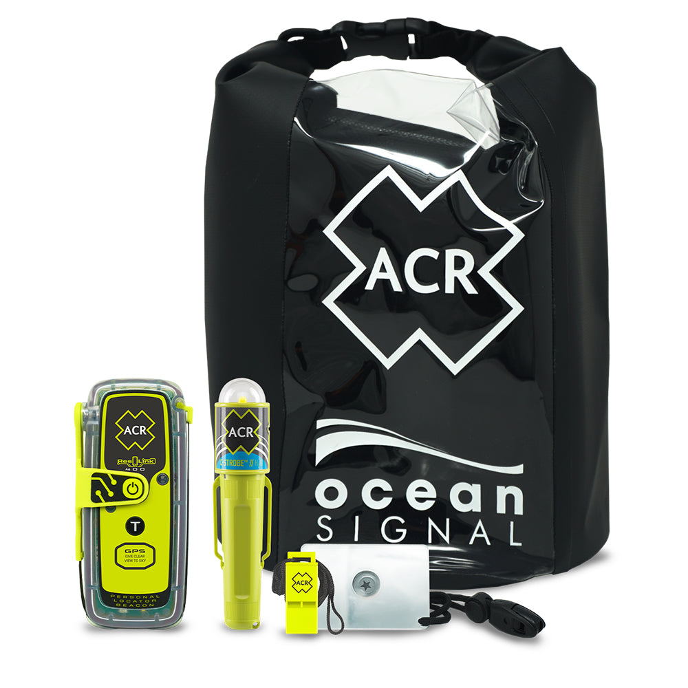 ACR ResQLink 400 personal locator beacon survival kit with rescue device and accessories for emergency signaling and safety.
