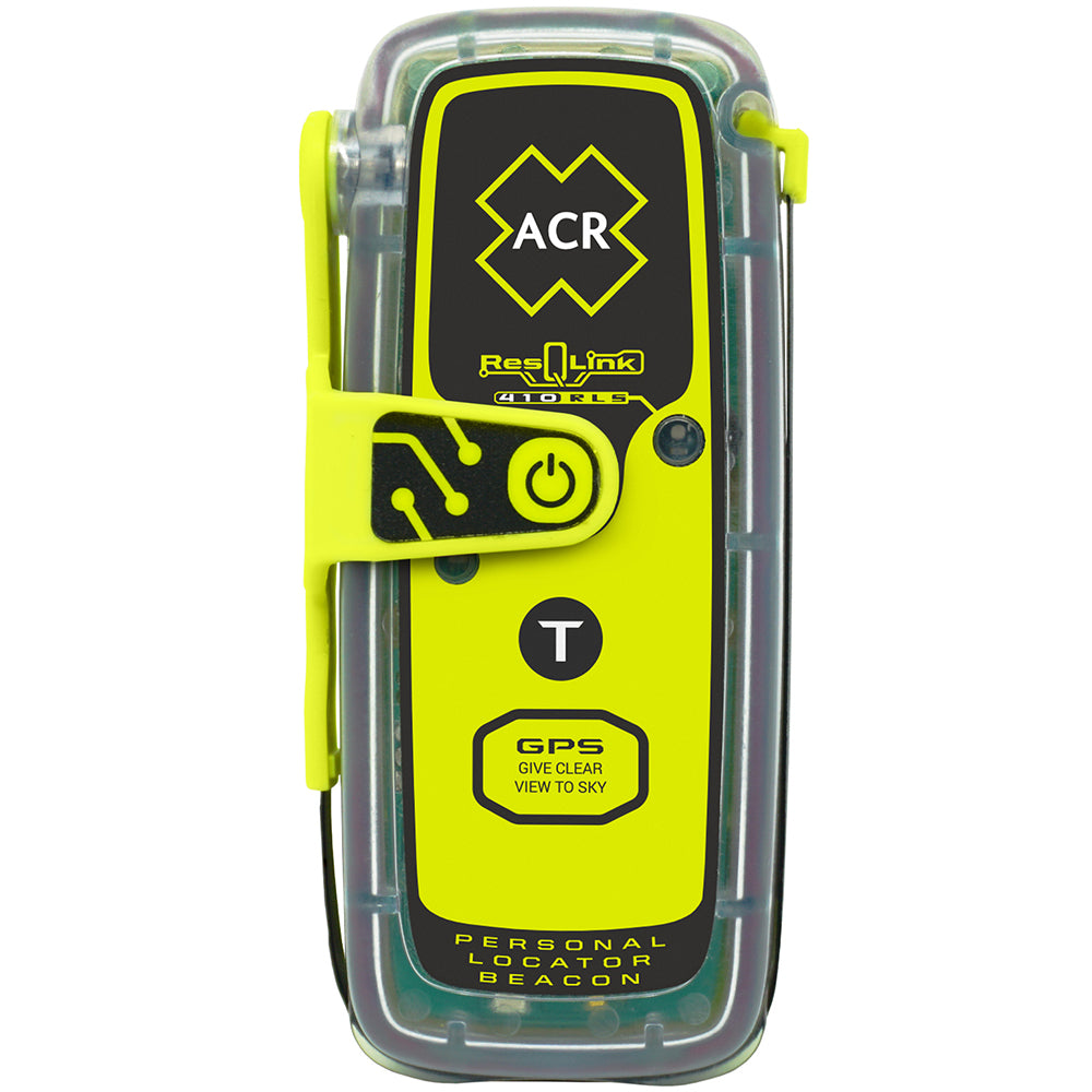 ACR ResQLink 410 RLS personal locator beacon from ACR Electronics, showing its compact design and emergency distress signal features.