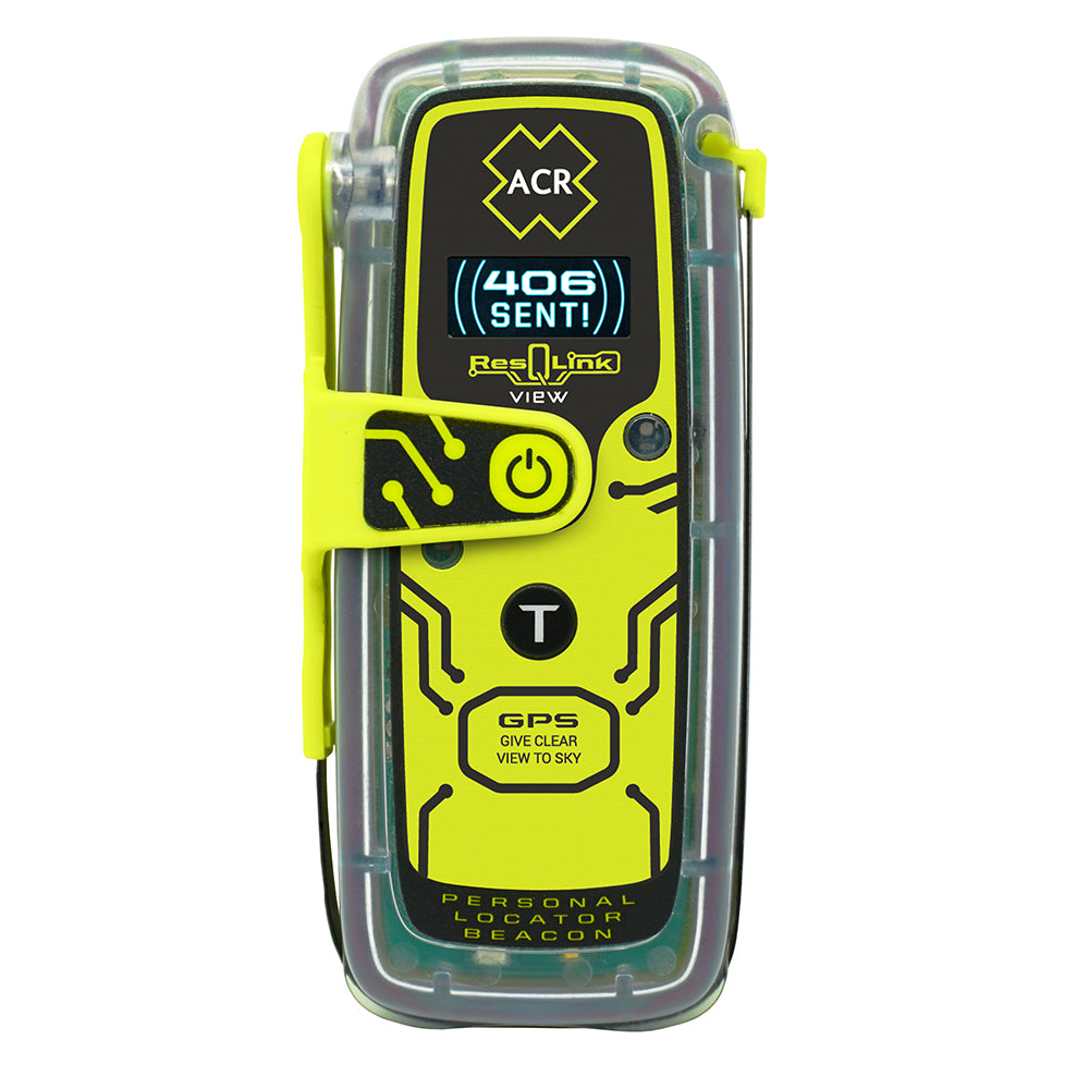 ACR ResQLink View 425 personal locator beacon with display, used for emergency distress signaling and GPS location tracking.