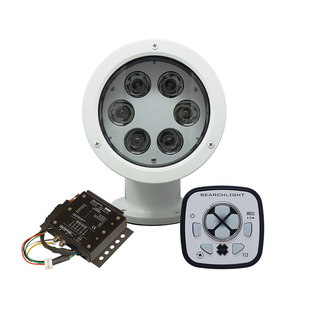 ACR RCL-50 LED white searchlight with wired URP-103 point pad and URC-104 master controller for marine or outdoor use.