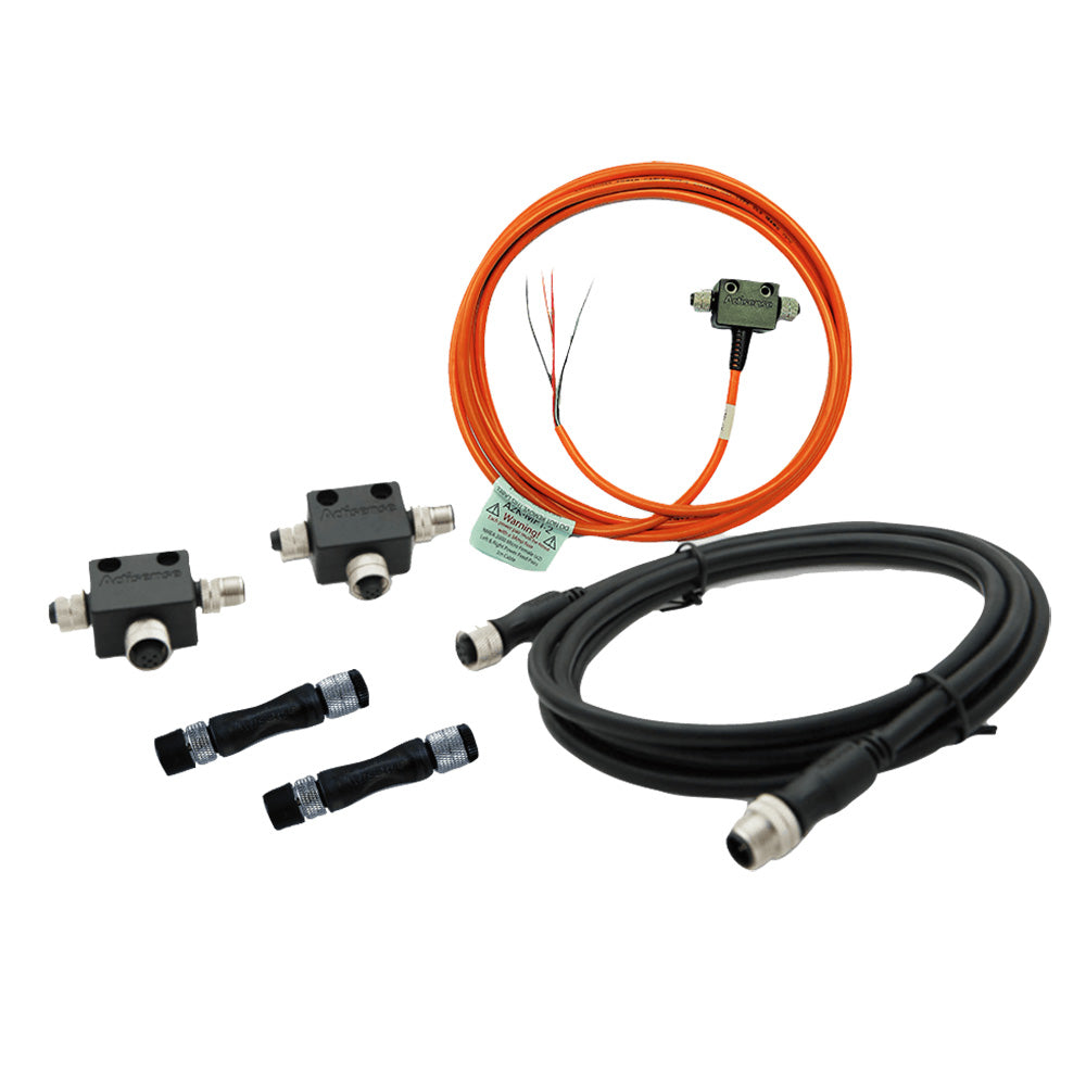Actisense NMEA2000 Micro Starter Kit with cables and sensors, including MPT-2, TER-U, T-MFF, and TDC-4M, on a white background.