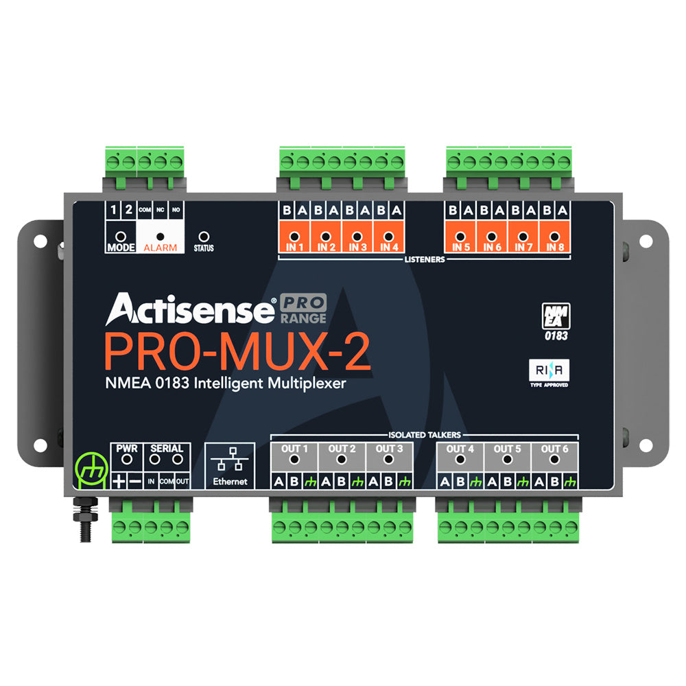 Actisense PRO NMEA 0183 Multiplexer connected to marine NMEA cables and sensors for data communication.