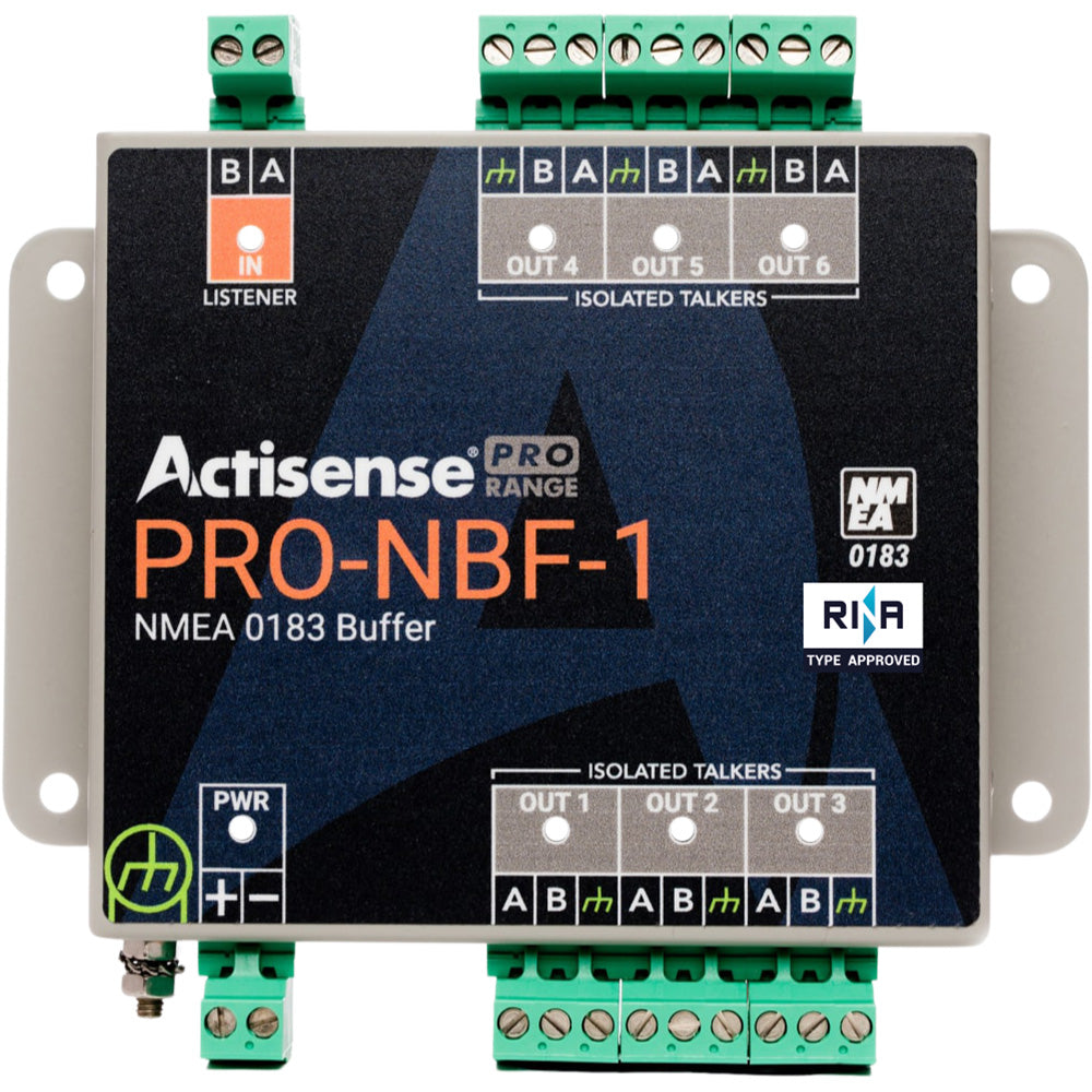 Actisense PRO NMEA Buffer with 1 opto input, 6 ISO-drive outputs, serial port, and pluggable screw terminals for marine electronics.