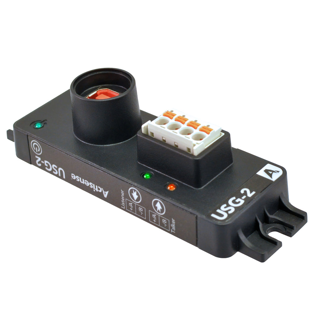 Actisense USG-2 isolated USB to serial gateway for NMEA 0183, RS422, and RS232, used with marine navigation systems.