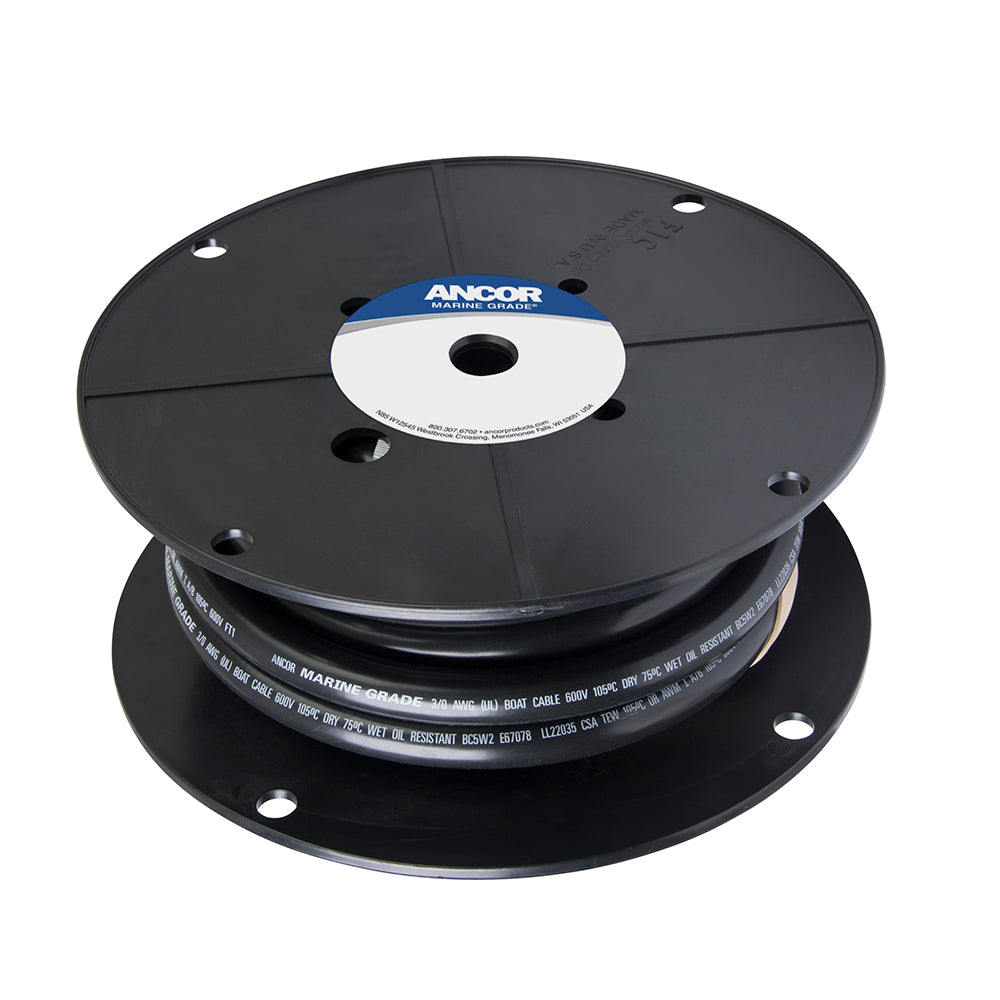 Ancor 3/0 AWG black tinned copper battery cable wire, 81mm², 50 feet length, for automotive or marine battery connections.
