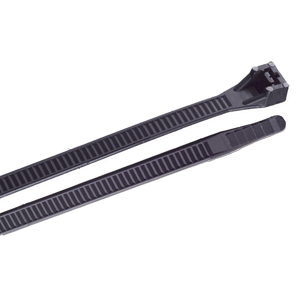 Ancor 8-inch UV black heavy-duty cable zip ties for wire management, shown in a pack of 100, suitable for outdoor use.