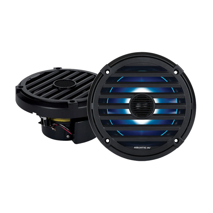 Pair of Aquatic AV ELITE 6.5-inch RGB speakers in black, suitable for marine or outdoor audio installations.