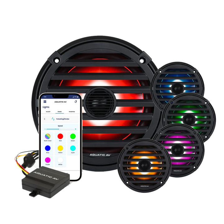 Pair of Aquatic AV ELITE 6.5-inch RGB speakers in black, designed for marine or outdoor audio systems.