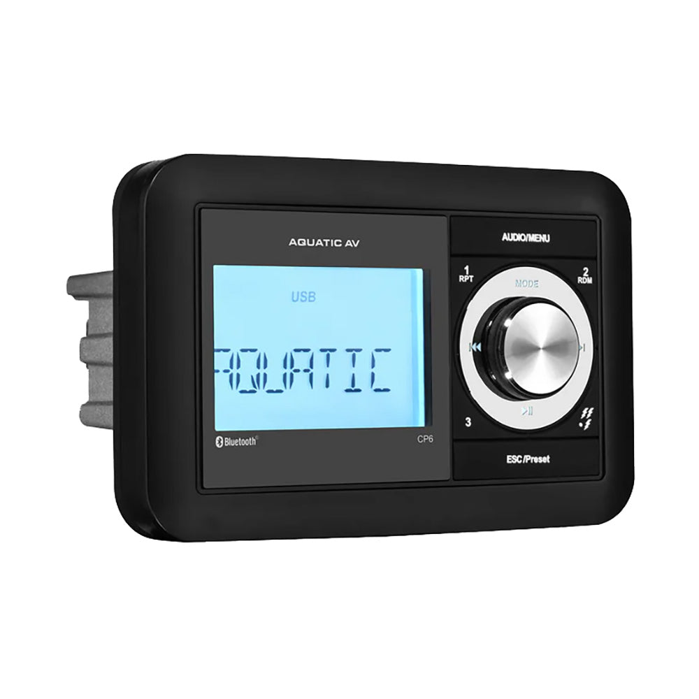Aquatic AV CP6 Compact Stereo system with built-in speakers and control panel, designed for marine and outdoor audio use.
