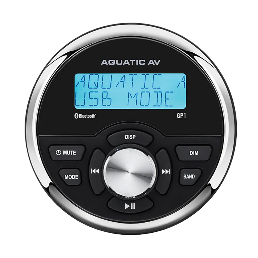 Aquatic AV GP1 Gauge Stereo installed in a boat, showcasing its digital display and control interface for marine audio systems.