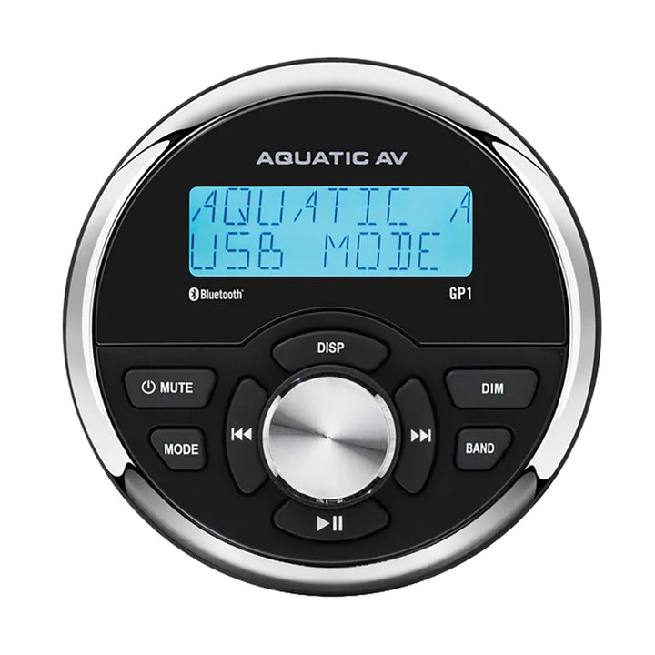 Aquatic AV GP1 Gauge Stereo installed in a boat, showcasing its digital display and control interface for marine audio systems.