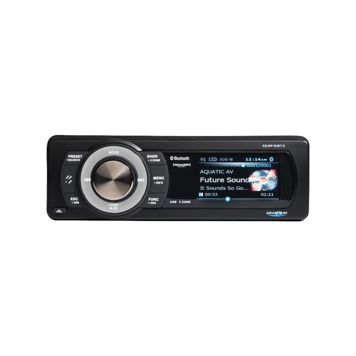 Aquatic AV MP5+ Stereo from Adventure+ Series, marine stereo system with digital display and control knobs, designed for boat audio.
