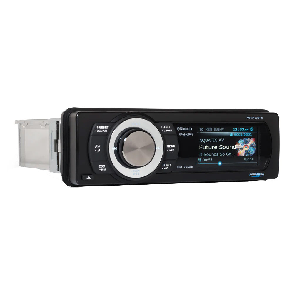 Aquatic AV MP5+ Stereo from Adventure+ Series, marine stereo system with digital display and control buttons, installed in boat cockpit.